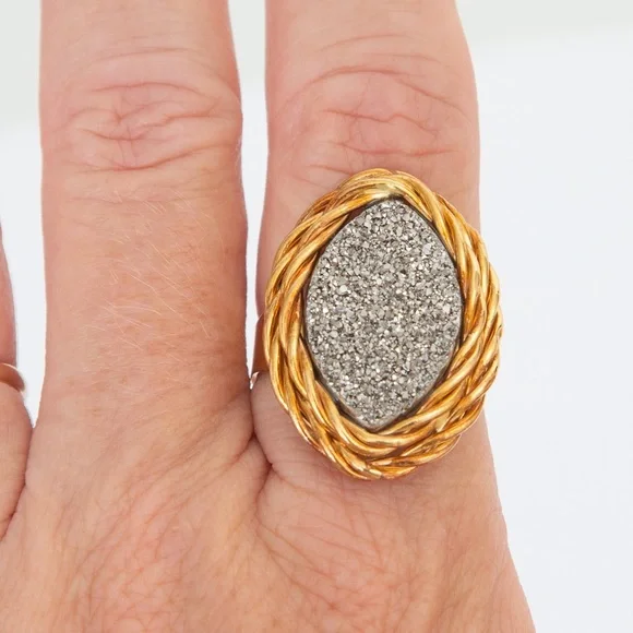 2 tone 14Kt Italy statement ring platinum druzy quartz luxury Vicenza Gold 10